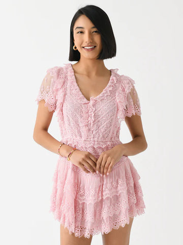 LoveShackFancy - Cerilo Tiered Ruffle Embroidered Lace Mini Dress - Pink Mystique