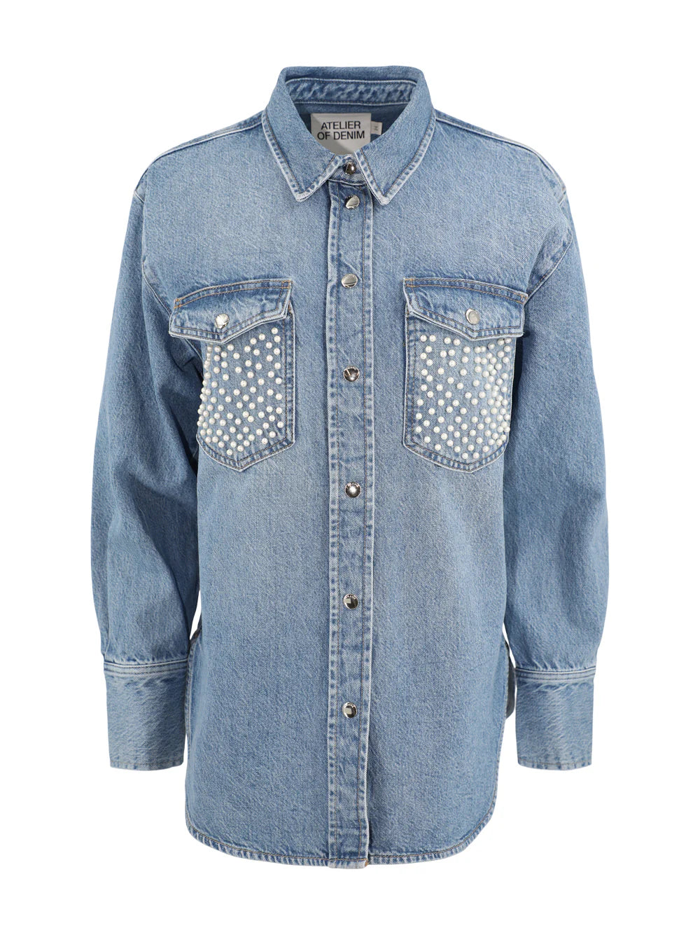 Pearl embellished denim shirt sale