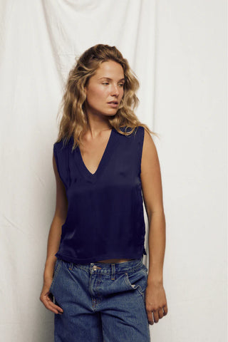 Perfect White Tee - Celina Satin Muscle Tank - Navy