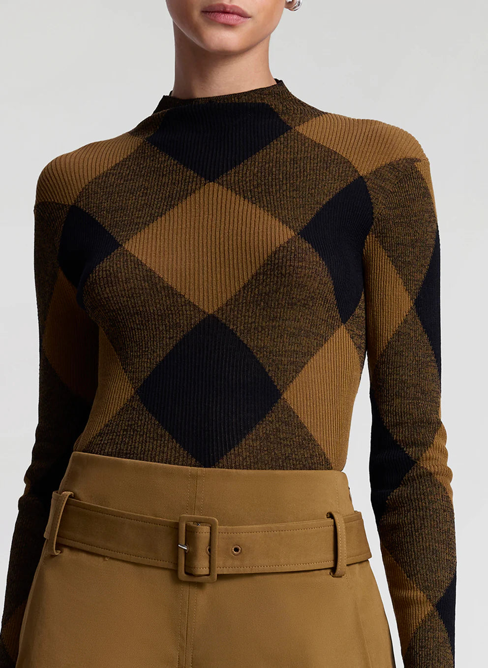A.L.C. - Hugh Fine Cotton Argyle Knit Top - Saddle/Black
