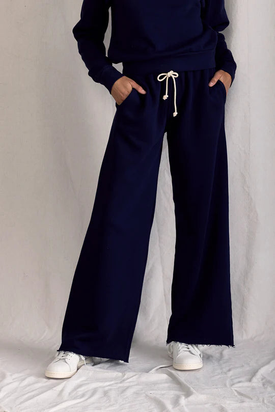 Perfect White Tee - Hailey Structured Wide Leg Fleece Pant - Navy