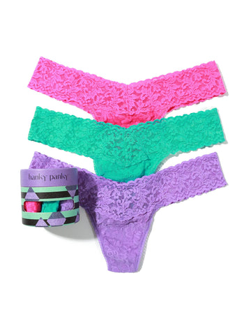 Hanky Panky - Holiday 3 Pack Signature Lace Low Rise Thongs - Passionate Pink/ Seafoam Blue/ Electric Orchid Purple