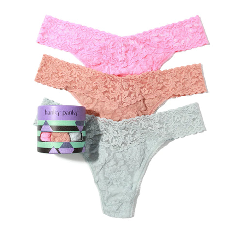 Holiday 3 Pack Signature Lace Original Rise Thongs - Lipgloss Pink/ Seashell Beige/ Pearl Grey