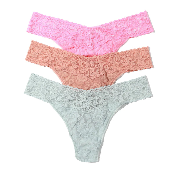 Holiday 3 Pack Signature Lace Original Rise Thongs - Lipgloss Pink/ Seashell Beige/ Pearl Grey
