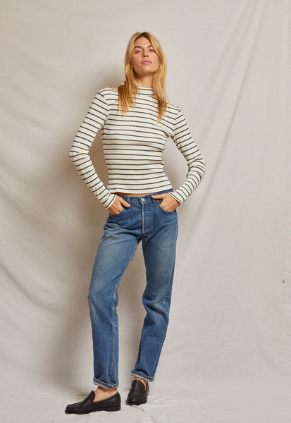 Perfect White Tee - Lauryn Mock Neck - Sugar Black Stripe