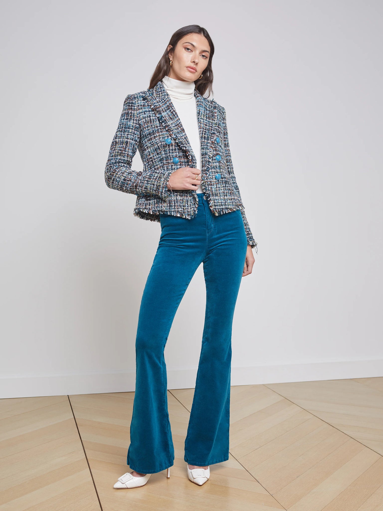 L'Agence - Brooke Tweed Blazer - Green/Blue/Black Multi Tweed