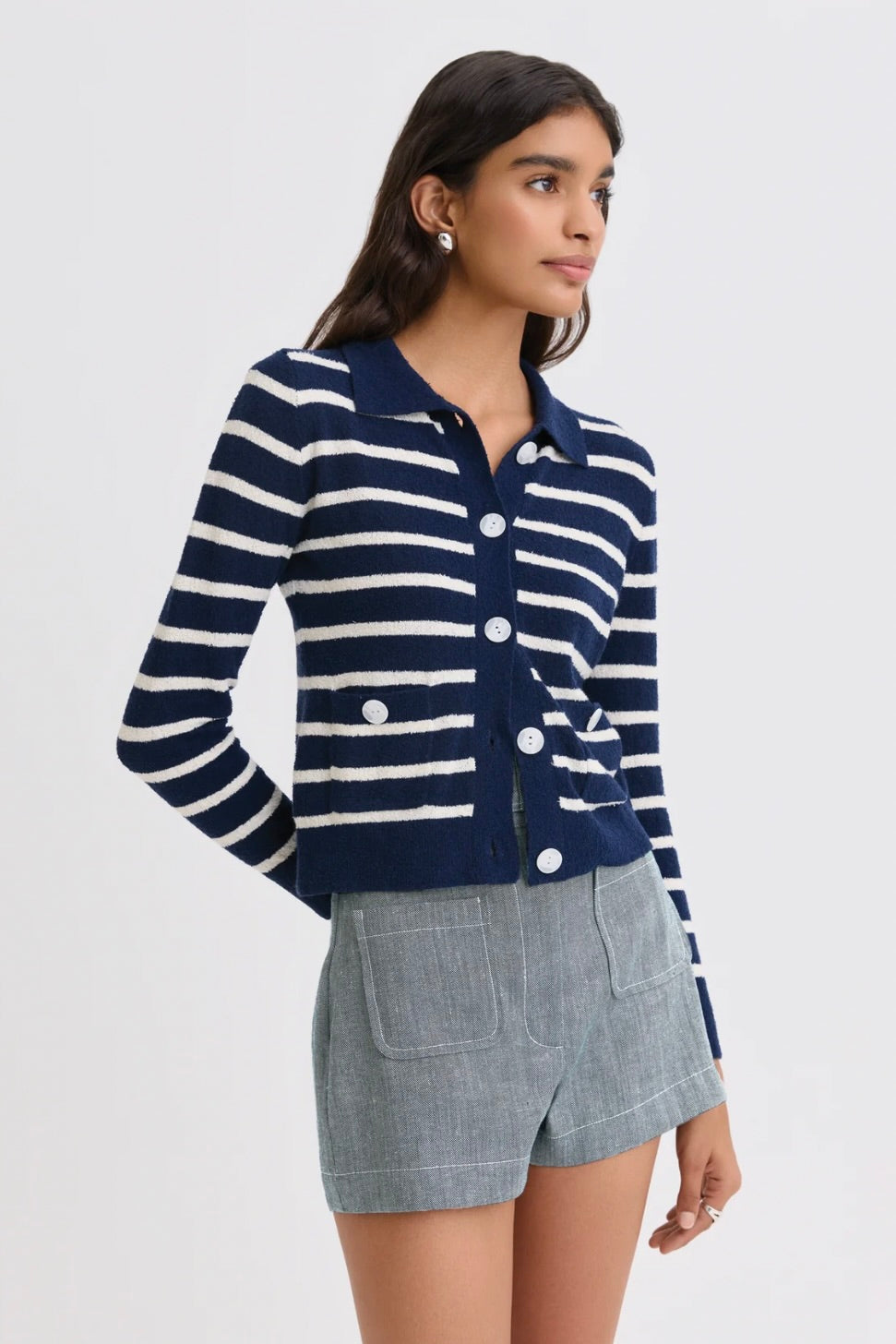 Terry Striped Collared Cardigan