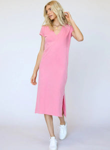Perfect White Tee - Abbey V Neck T Shirt Dress - Pink Punch