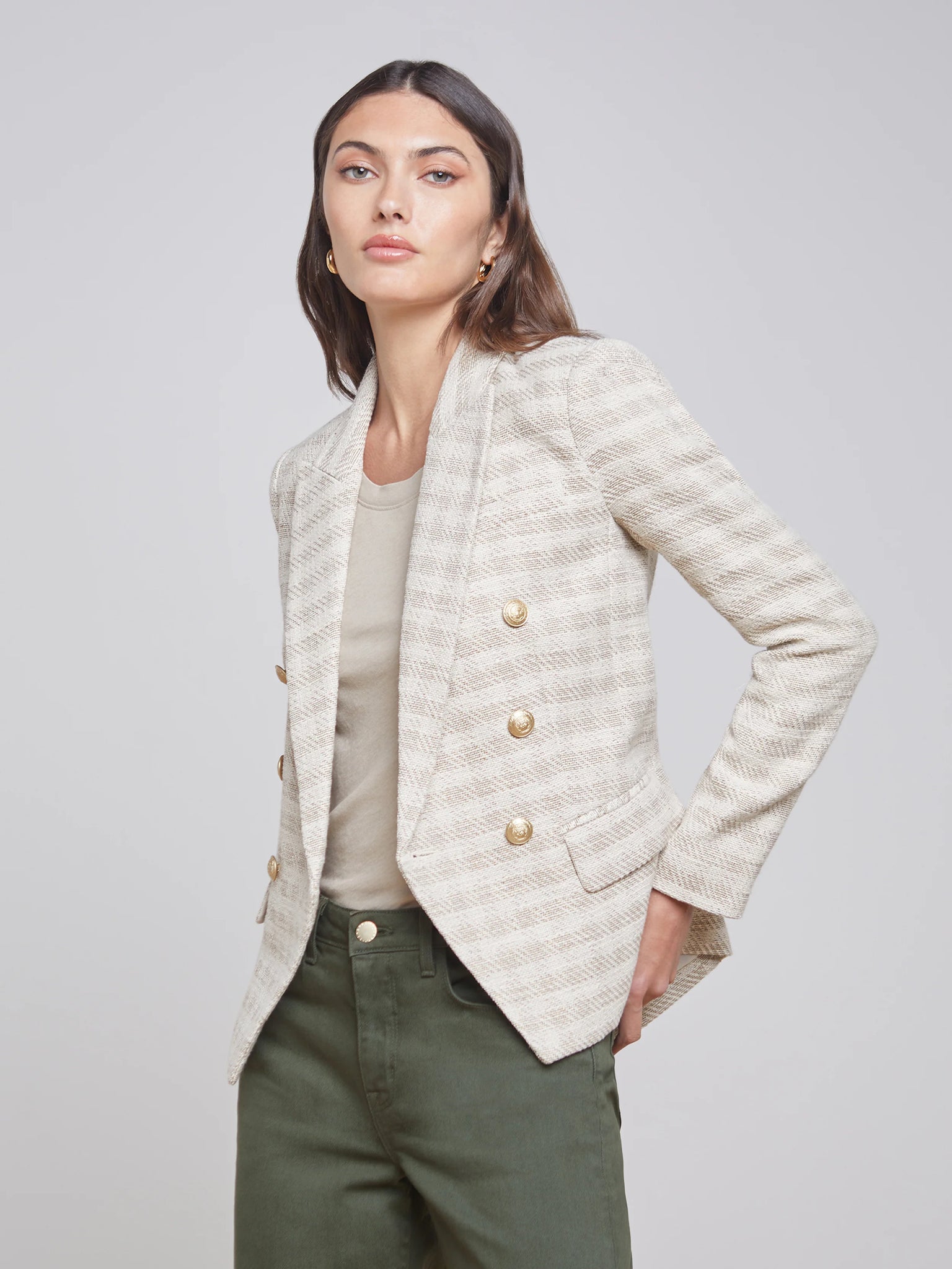 L'Agence - Kenzie Blazer - Ecru/Gold Plaid