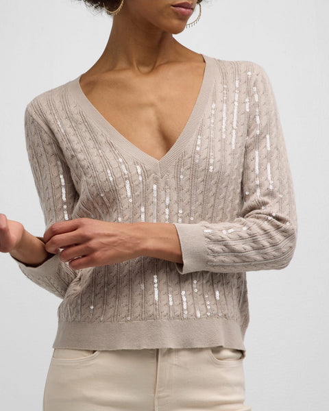 L'AGENCE - Trinity Sequin Cable-Knit Sweater - Pale Neutral