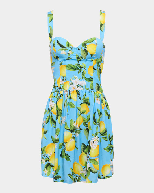 L'AGENCE - Jai Drop Waist Mini Dress - Sky Blue/Yellow Floral Lemon