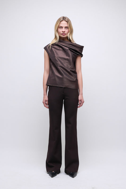 SIMKHAI - Vivia Taffeta Draped Top - Chocolate