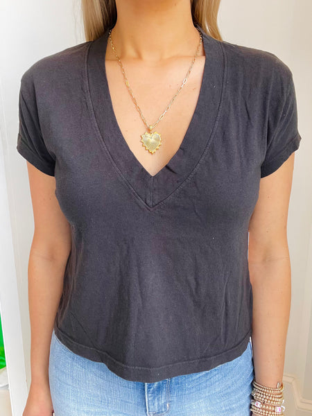 Perfect White Tee - Alanis Recycled V Neck Tee - Vintage Black
